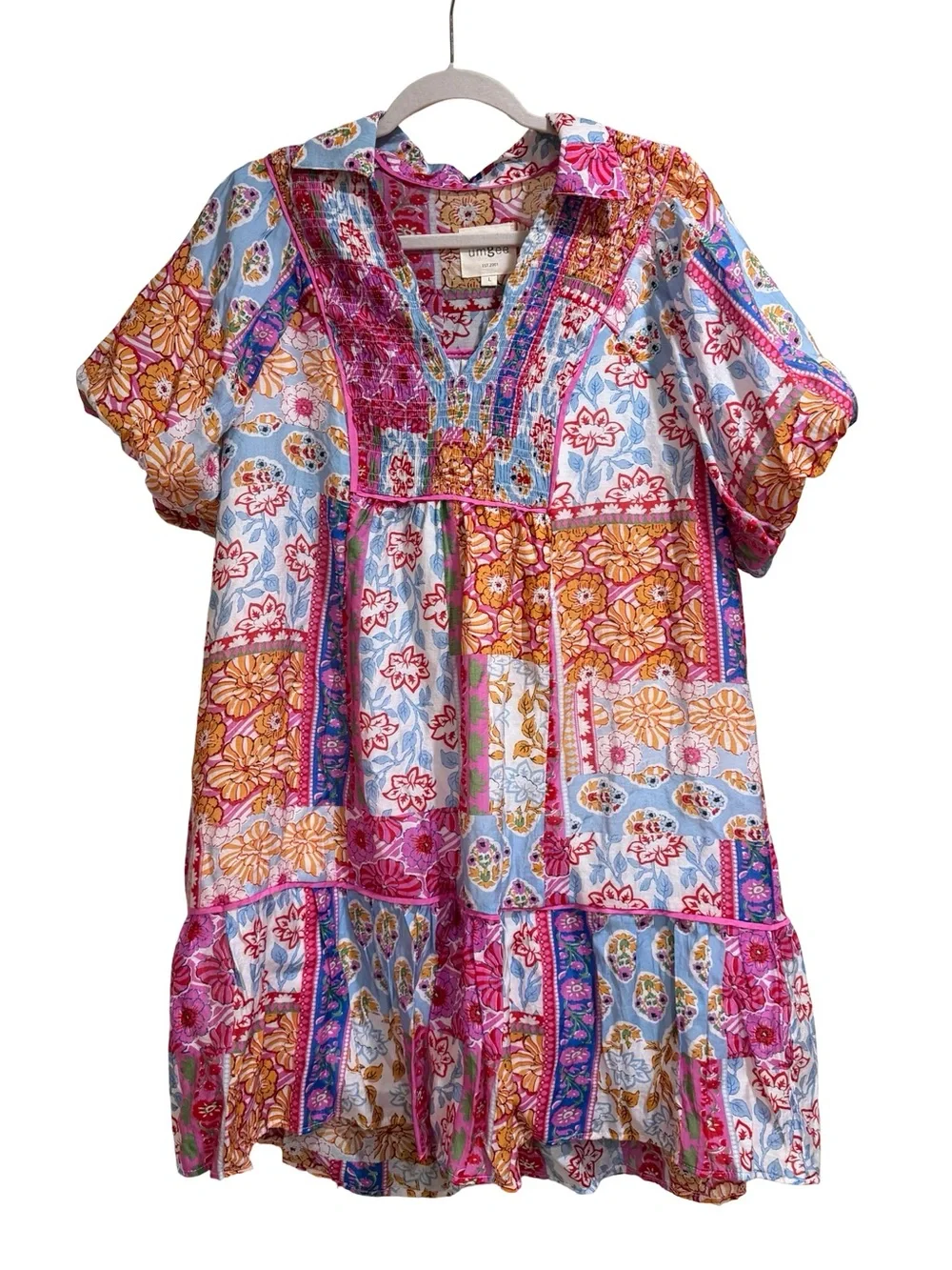 ☀️Umgee Patchwork Print Smocked Mini Dress Collared Split V-Neck Size Large Boho - Picture 3 of 11